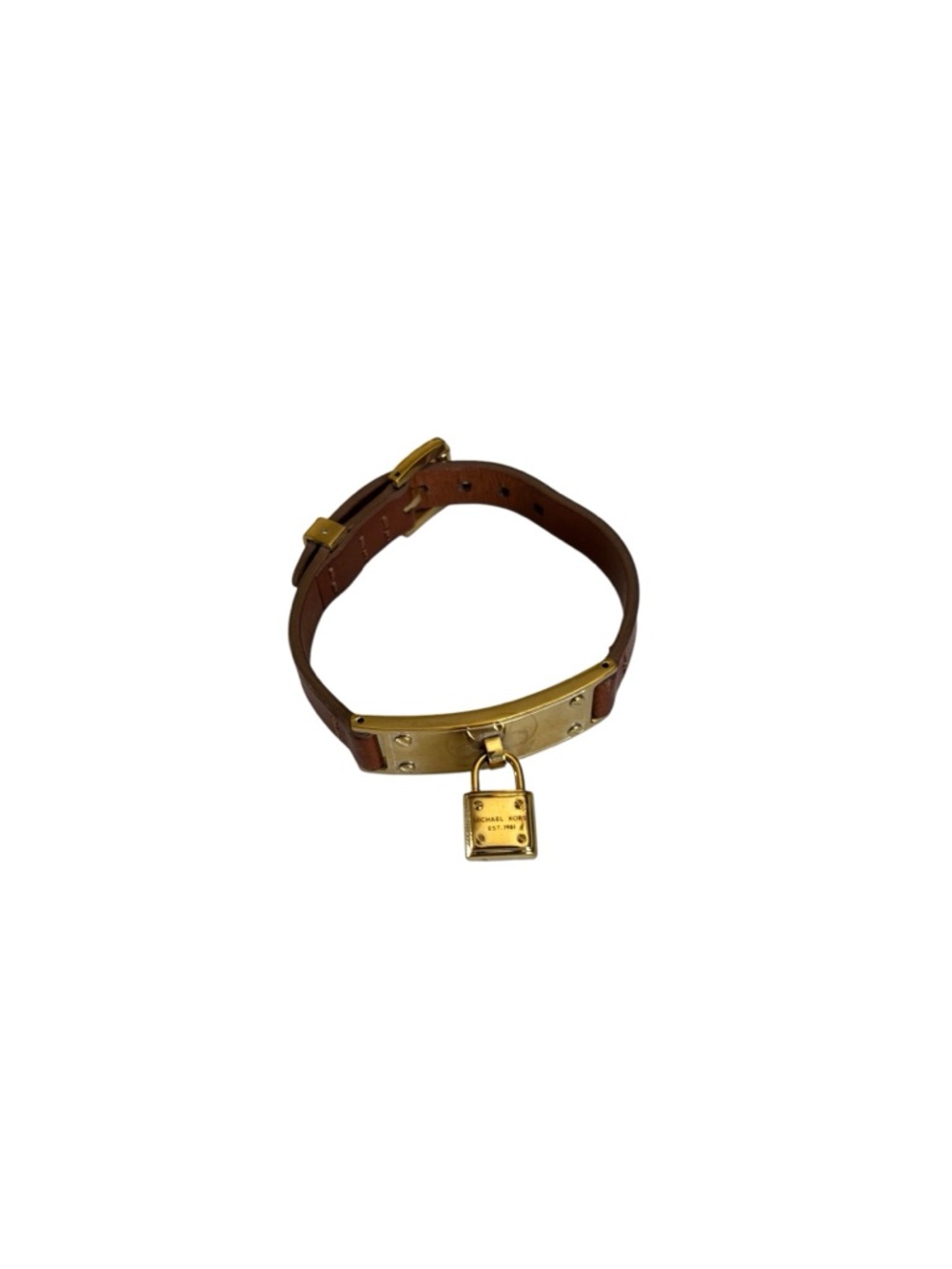 Michael Kors Hamilton gold tone brown leather padlock adjustable casual bracelet